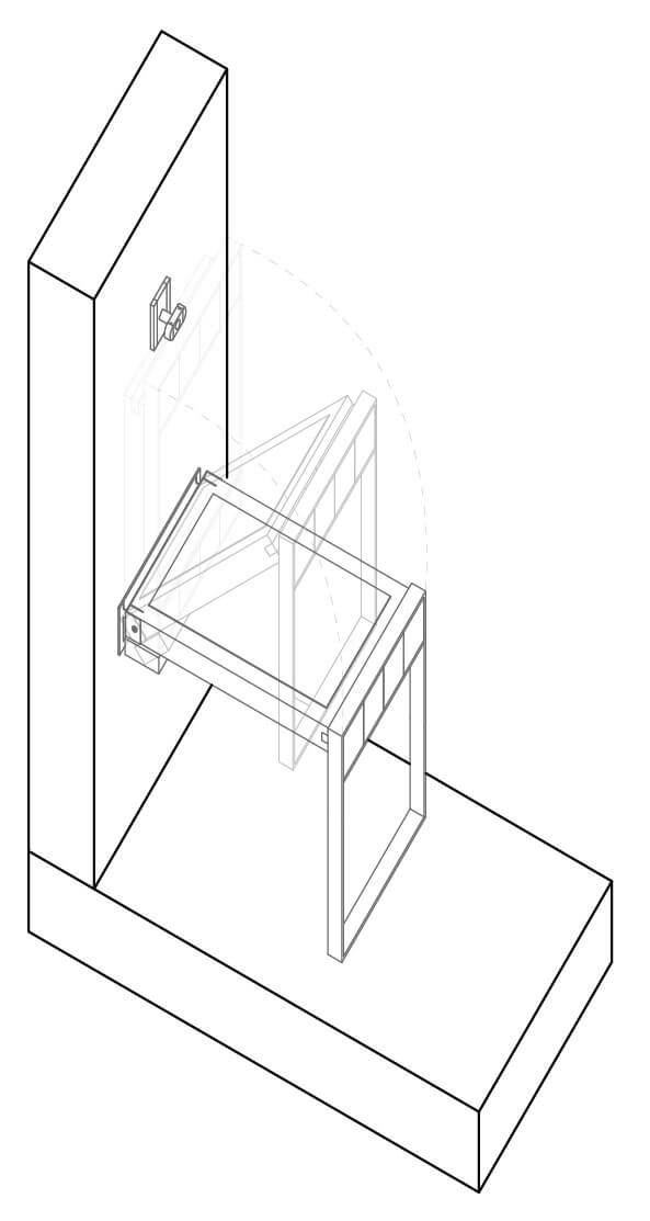 Axonometric Drawing showing how the Foldtable furniture design works